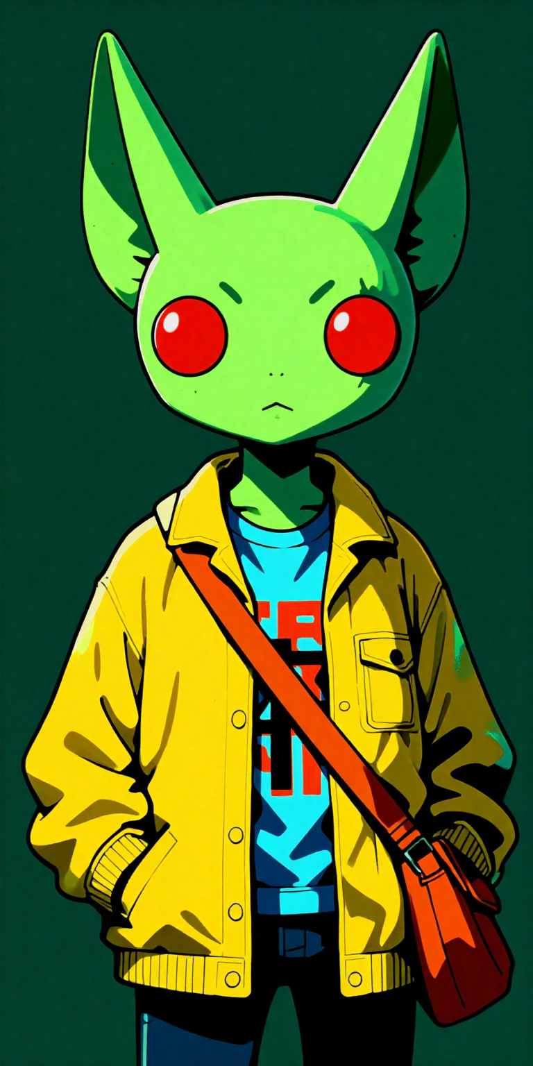 a digital drawing featuring an alien character with a stylized,  surrealistic appearance. The creature has a small,  green...