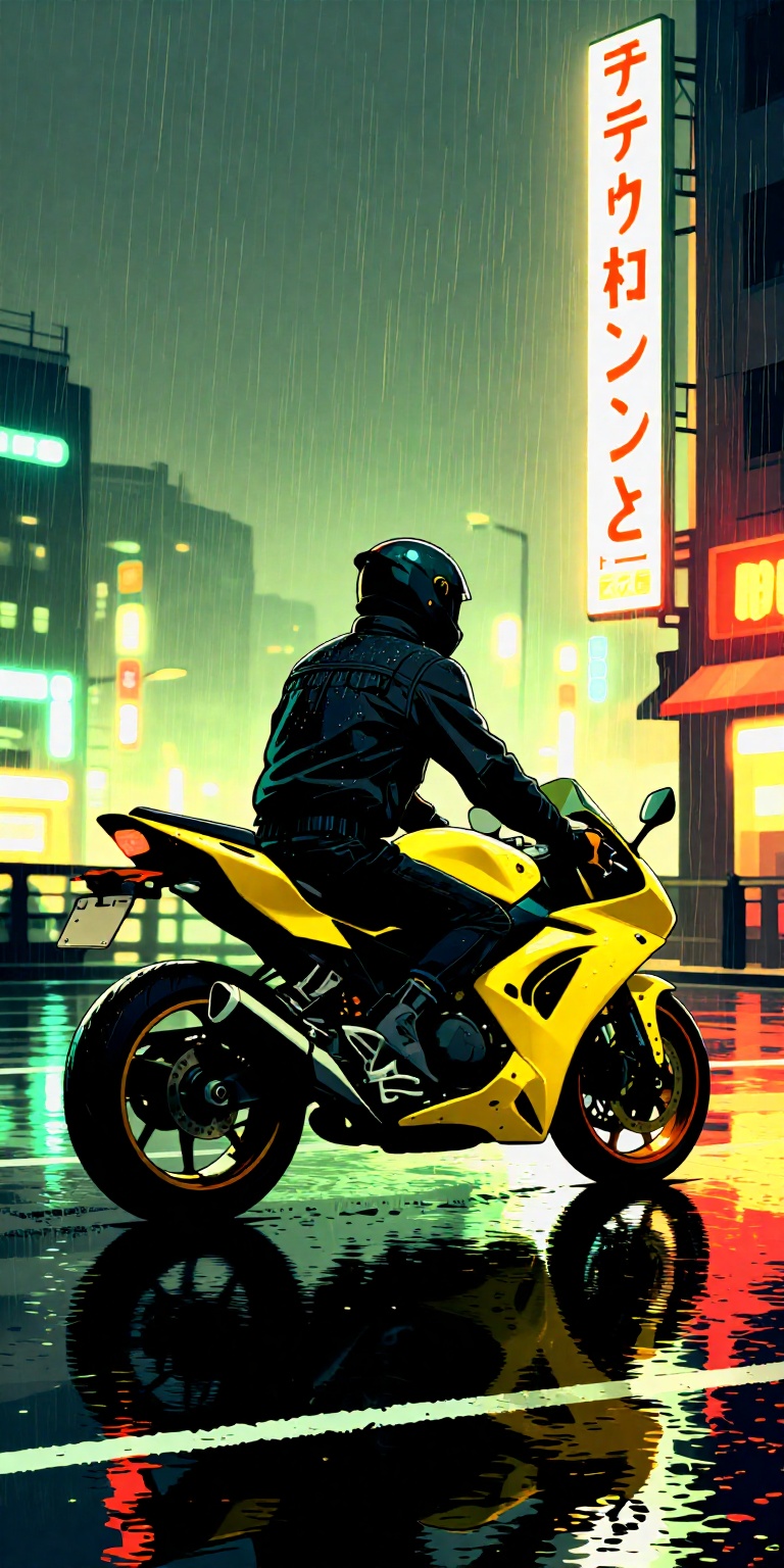 a highly stylized,  manga-inspired art style. It features a lone motorcycle rider viewed from behind,  positioned on a wet...