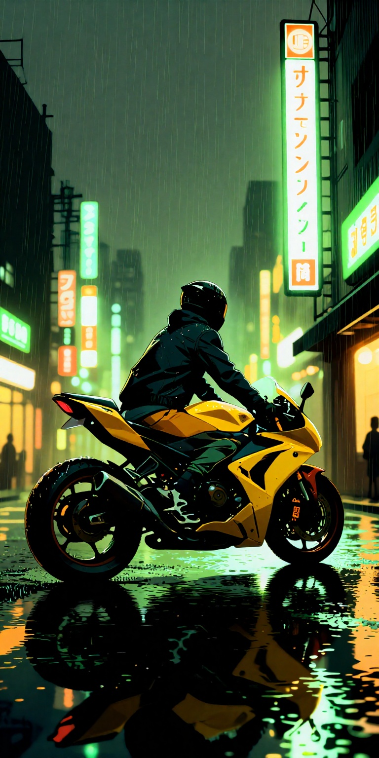 a highly stylized,  manga-inspired art style. It features a lone motorcycle rider viewed from behind,  positioned on a wet...