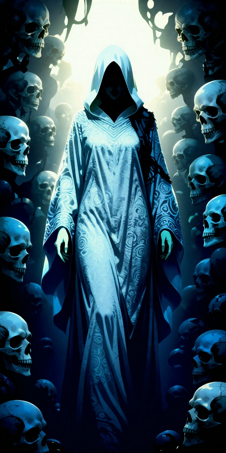Create a digital illustration with a surreal,  dark,  and ominous aesthetic. The central figure is a ghostly on Tensor.Art