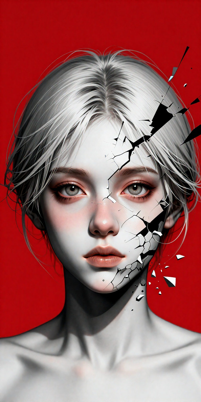 a highly stylized digital artwork featuring a composite face composed of multiple layers,  set against a bold red backgrou...