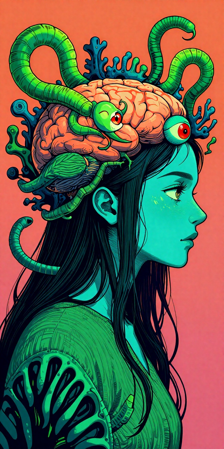 a digital drawing with a surreal,  fantastical style. It depicts a side profile view of a woman with long,  flowing dark h...