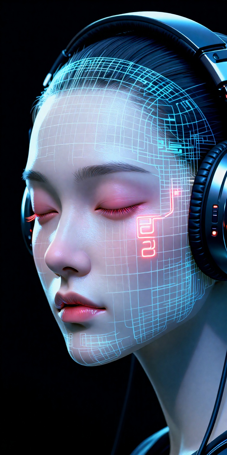 a hyper-realistic digital artwork featuring a stylized depiction of a human face. The subject is a person with a pale,  sm...