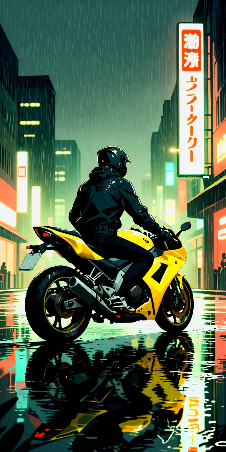 a highly stylized,  manga-inspired art style. It features a lone motorcycle rider viewed from behind,  positioned on a wet...