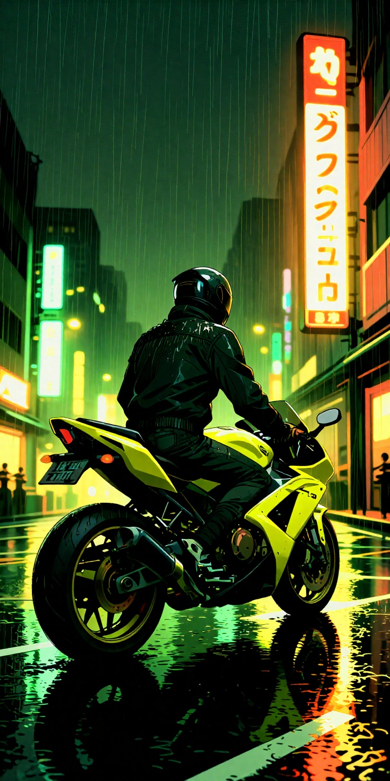 a highly stylized,  manga-inspired art style. It features a lone motorcycle rider viewed from behind,  positioned on a wet...