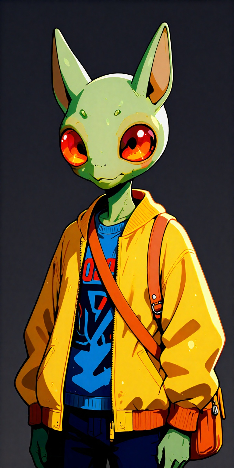 a digital drawing featuring an alien character with a stylized,  surrealistic appearance. The creature has a small,  green...