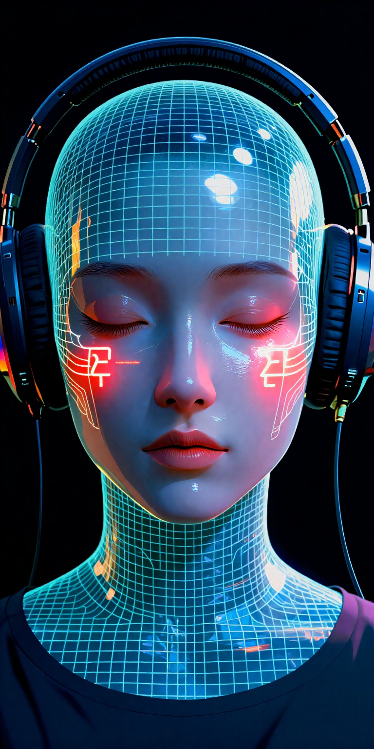 a hyper-realistic digital artwork featuring a stylized depiction of a human face. The subject is a person with a pale,  sm...