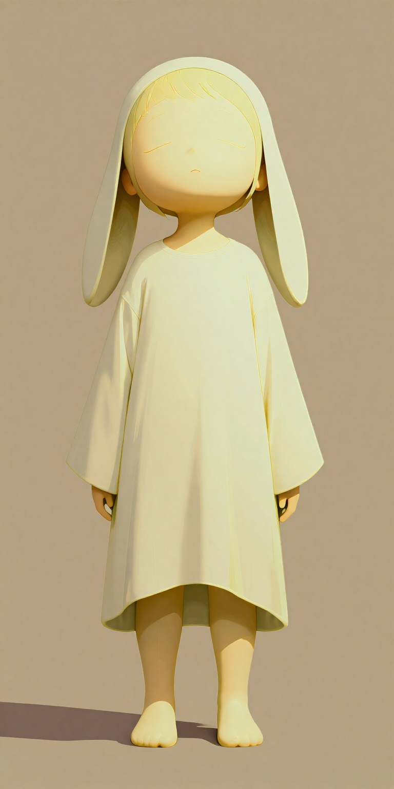 pastel color palette,  featuring a stylized,  childlike figure. The character stands against a plain on Tensor.Art