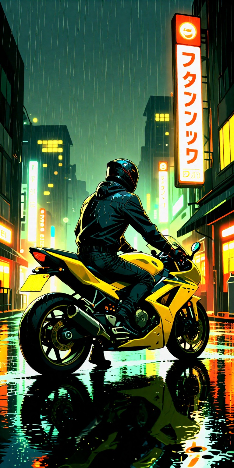 a highly stylized,  manga-inspired art style. It features a lone motorcycle rider viewed from behind,  positioned on a wet...