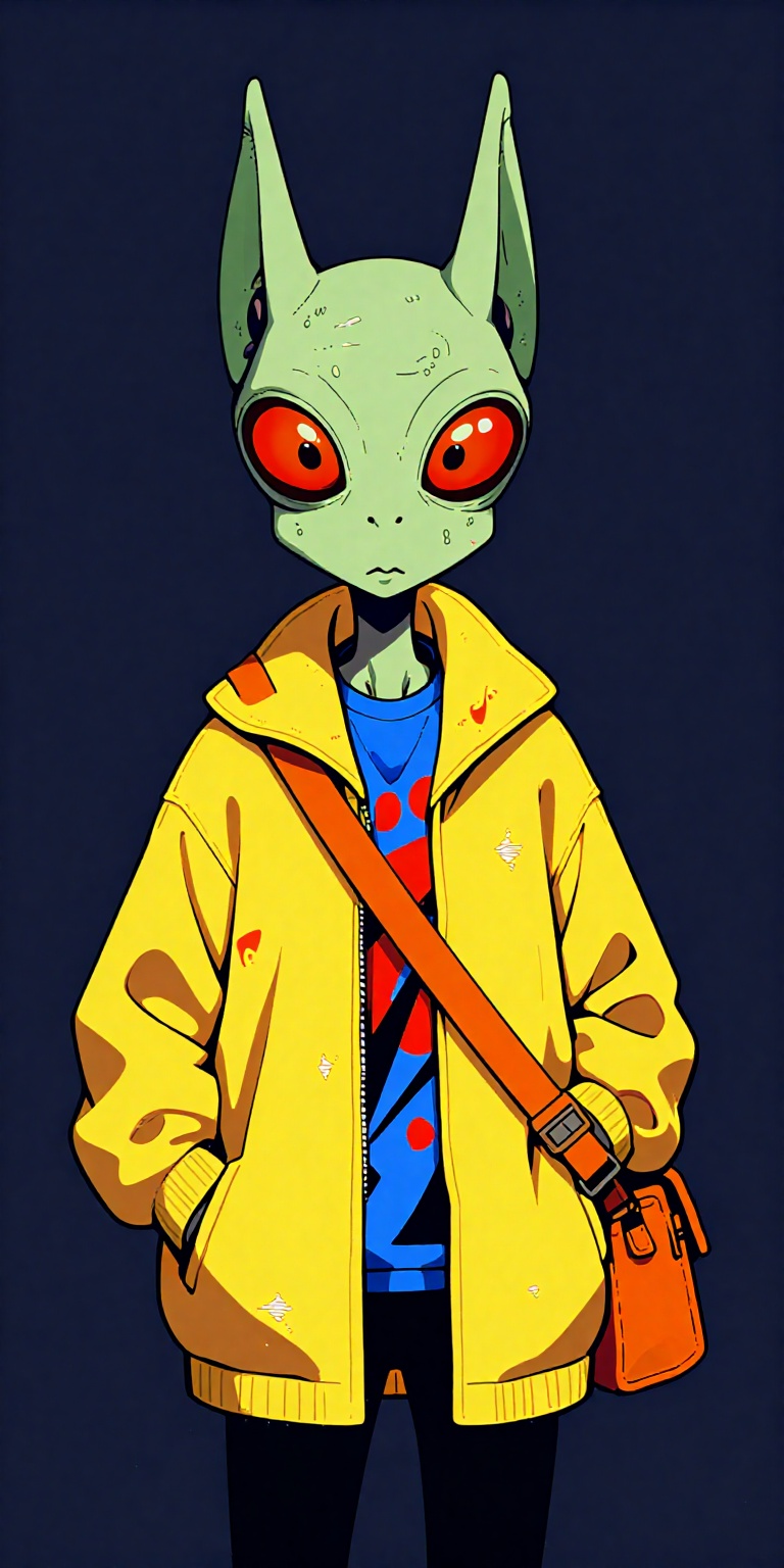 a digital drawing featuring an alien character with a stylized,  surrealistic appearance. The creature has a small,  green...