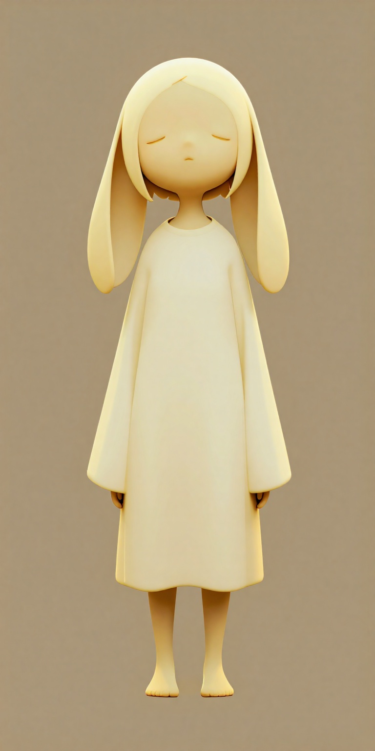 pastel color palette,  featuring a stylized,  childlike figure. The character stands against a plain on Tensor.Art