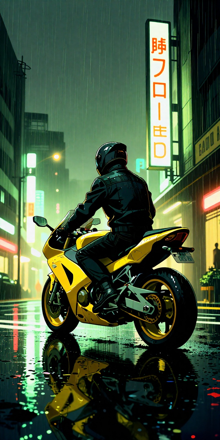 a highly stylized,  manga-inspired art style. It features a lone motorcycle rider viewed from behind,  positioned on a wet...