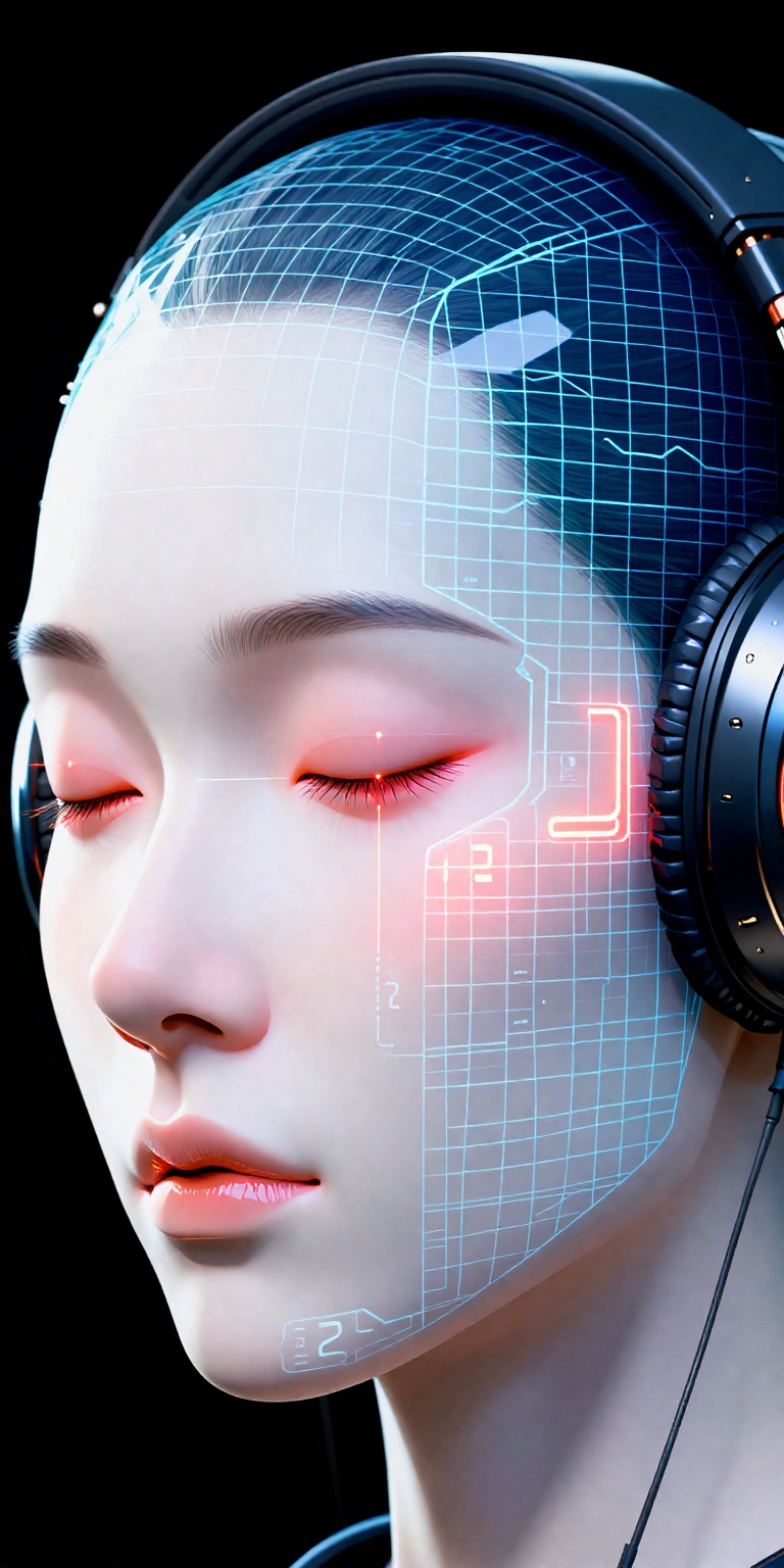 a hyper-realistic digital artwork featuring a stylized depiction of a human face. The subject is a person with a pale,  sm...