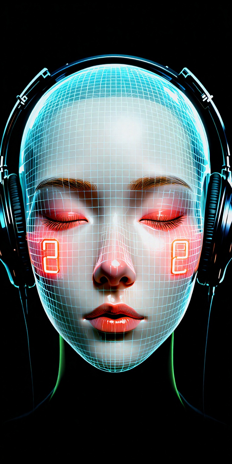 a hyper-realistic digital artwork featuring a stylized depiction of a human face. The subject is a person with a pale,  sm...