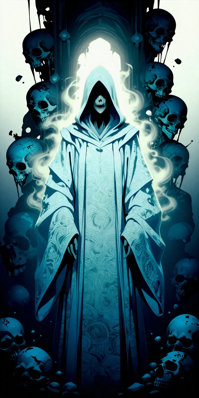 Create a digital illustration with a surreal,  dark,  and ominous aesthetic. The central figure is a ghostly on Tensor.Art