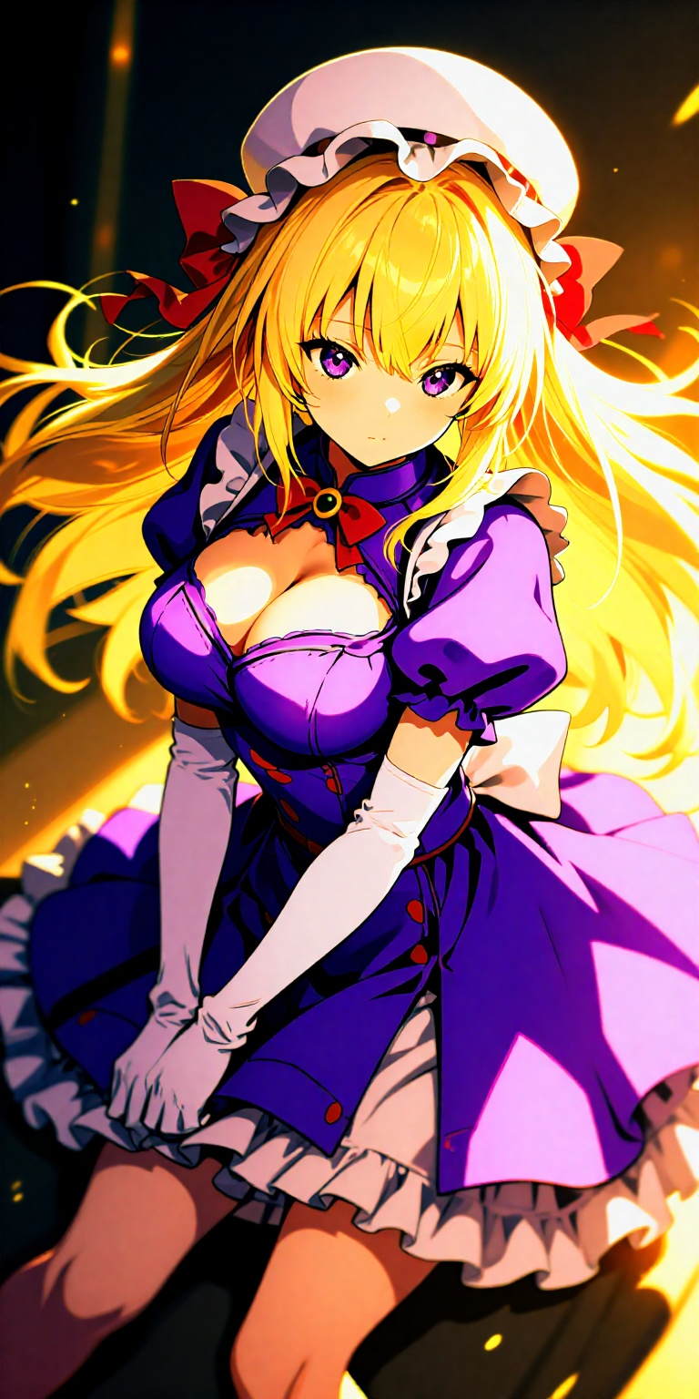 cleavage,  white headwear,  purple dress on Tensor.Art