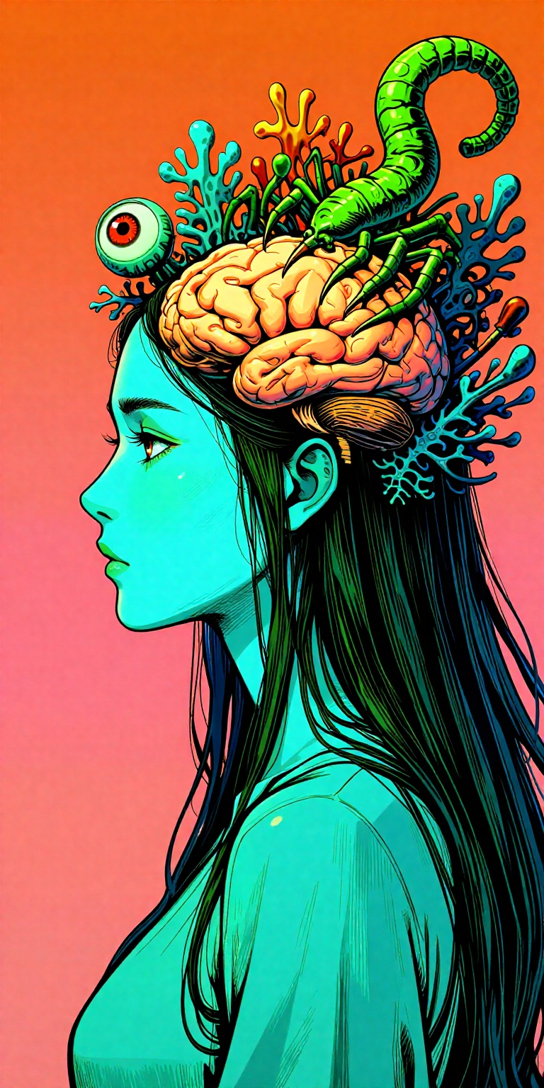 a digital drawing with a surreal,  fantastical style. It depicts a side profile view of a woman with long,  flowing dark h...