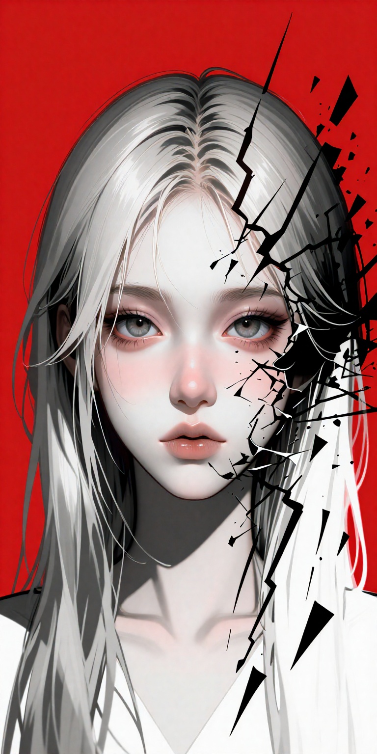 a highly stylized digital artwork featuring a composite face composed of multiple layers,  set against a bold red backgrou...