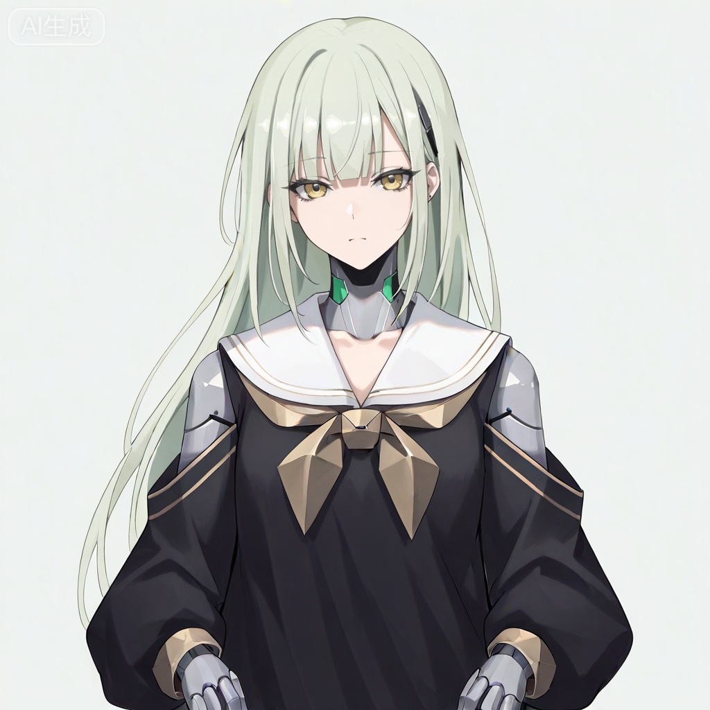 masterpiece, best quality,solo,white background,simple_background,Wakaba Mutsumi,cybersaki_style,long hair,green hair,bangs,blunt bangs,yellow eyes,hair ornament,hairclip,blonde hair,doll joints,jewelry,black dress,white sailor collar,robot joints,