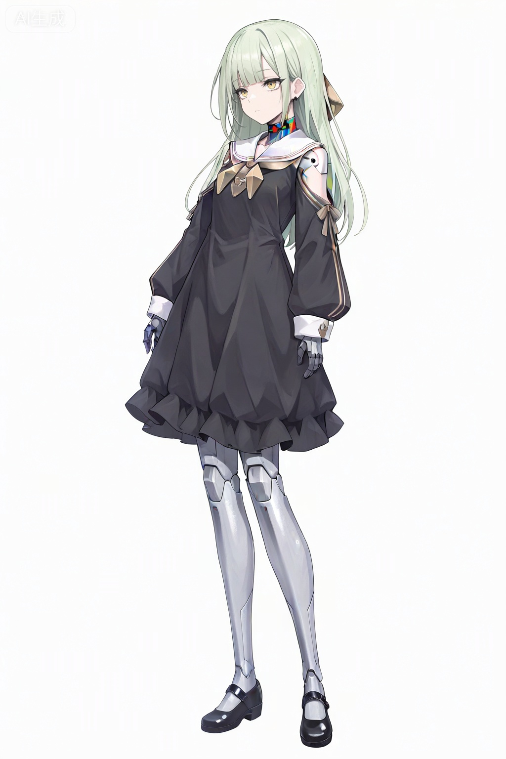 masterpiece, best quality,solo,white background,simple_background,Wakaba Mutsumi,cybersaki_style,long hair,green hair,bangs,blunt bangs,yellow eyes,hair ornament,hairclip,blonde hair,doll joints,jewelry,black dress,white sailor collar,robot joints,mechanical legs,mary janes