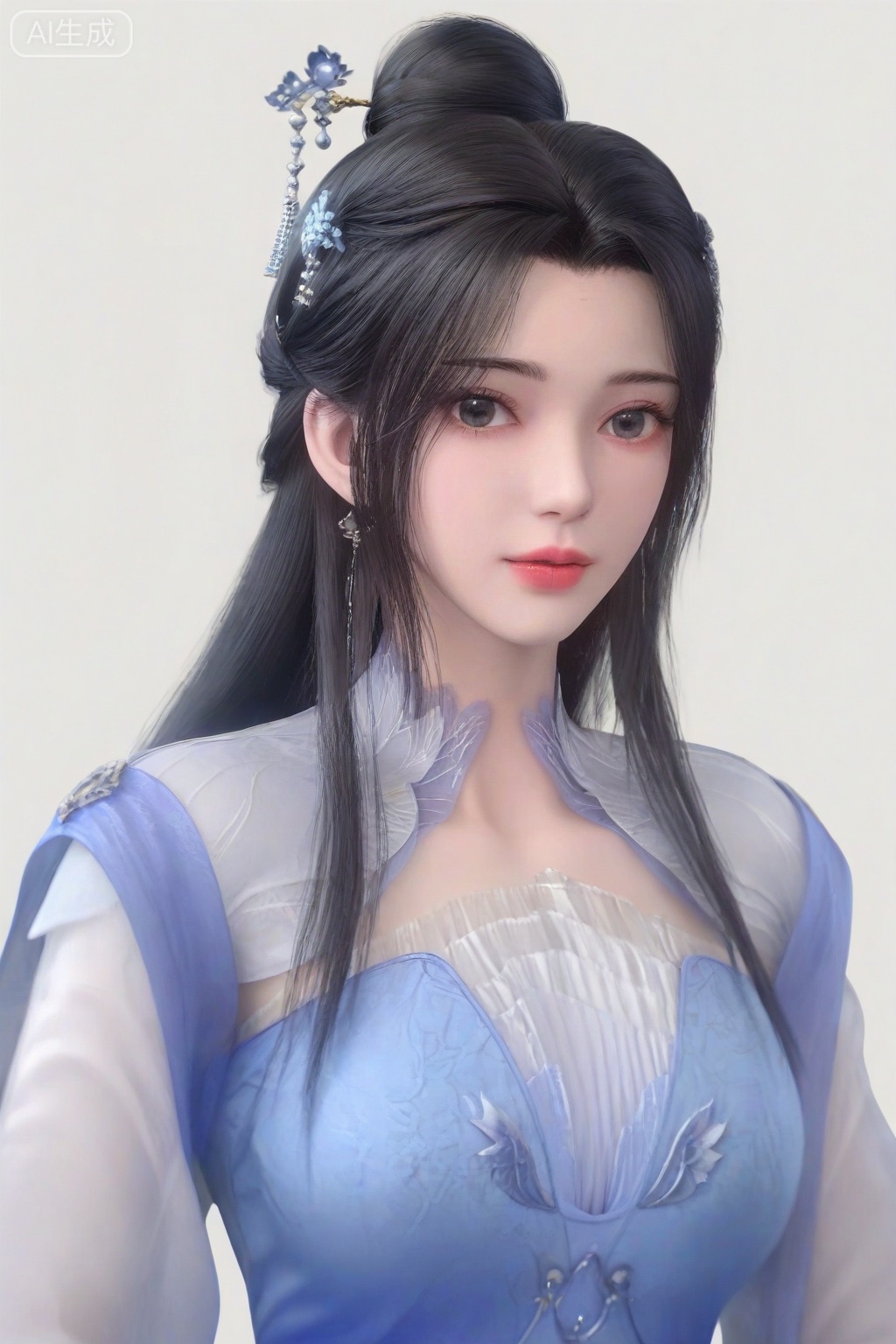 score_9_up,1girl, solo, long hair, looking at viewer, simple background, black hair, hair ornament, long sleeves, white background, dress, jewelry, upper body, earrings, hair bun, blue dress, chinese clothes, single hair bun,LiMuWan