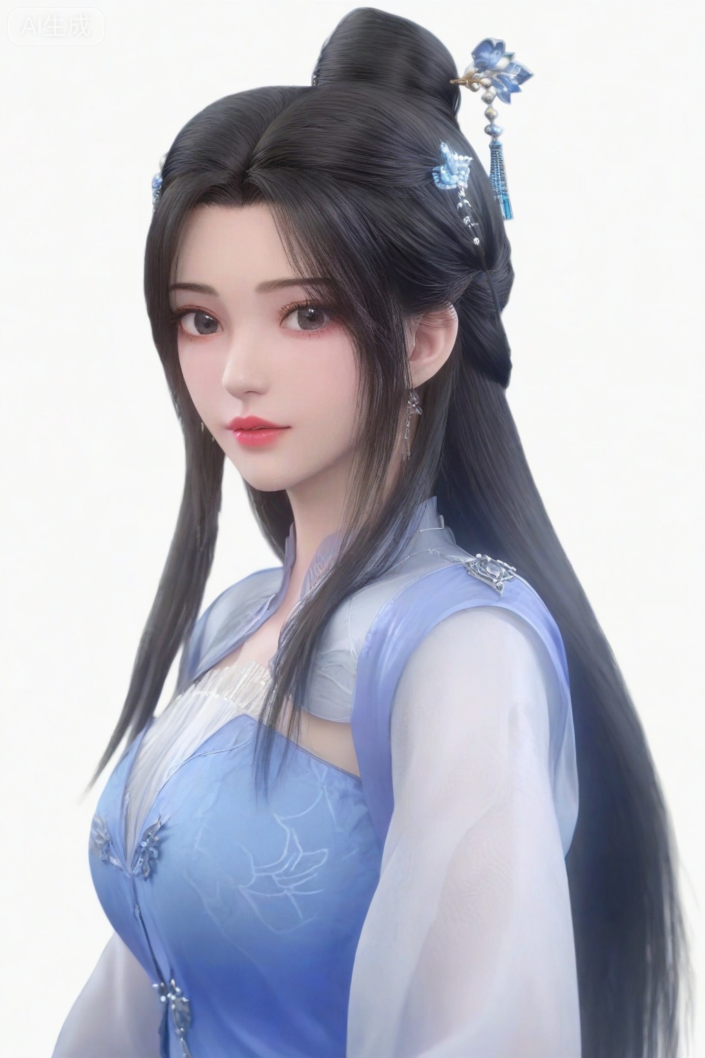 score_9_up,1girl, solo, long hair, looking at viewer, simple background, black hair, hair ornament, long sleeves, white background, dress, jewelry, upper body, earrings, hair bun, blue dress, chinese clothes, single hair bun,LiMuWan