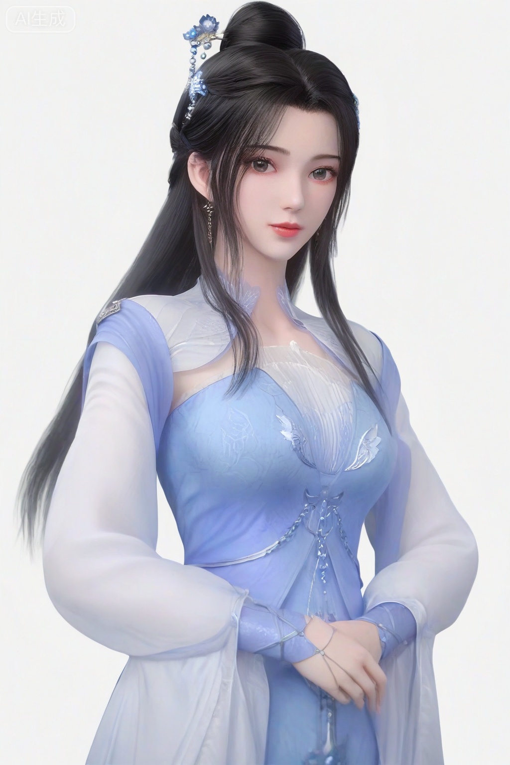 score_9_up,1girl, solo, long hair, looking at viewer, simple background, black hair, hair ornament, long sleeves, white background, dress, jewelry, upper body, earrings, hair bun, blue dress, chinese clothes, single hair bun,LiMuWan