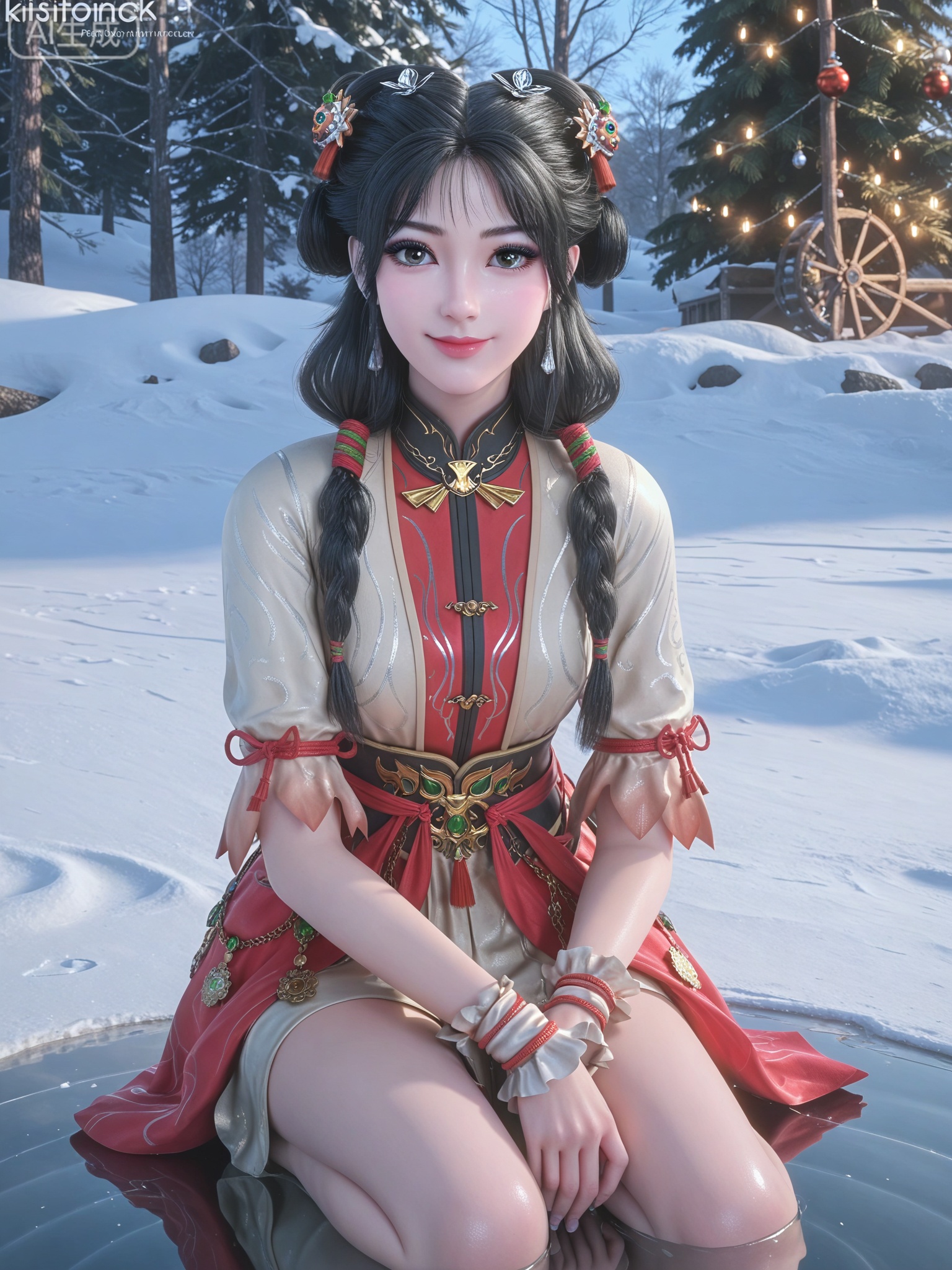 score_9,score_8_up,score_7_up,masterpiece,(best quality),(intricate details:0.9) BREAK (intricate details:0.9),(realistic skin:1.2),masterpiece,best quality,newest,absurdres,hiahres,1girl,jewelry,hair ornament,dress,necklace,lips,eyeshadow,bracelet,tassel,(8k ultra-clear, pony style),photo pose 0.6, micro-expression: soft smile 0.3, half-body + medium shot 0.7,1girl,looking_at_viewer,1boy,hair,realistic,photorealistic,Vivid Colors,bright environment,shiny skin,shiny hairjewelry,detail eyes,Eyes highlights,glowing,sunshine,bright,reflection,bright,sunshine on face,shiny,shinny,petite,thin,leg slimming,lose weight,slim hips,lakeside,delicate water,reflection,(full body:1.3)sitting_down,eyelashes,snow,Winter,Snowy landscape,Snow accumulation,Christmas tree,black-hair,long hair