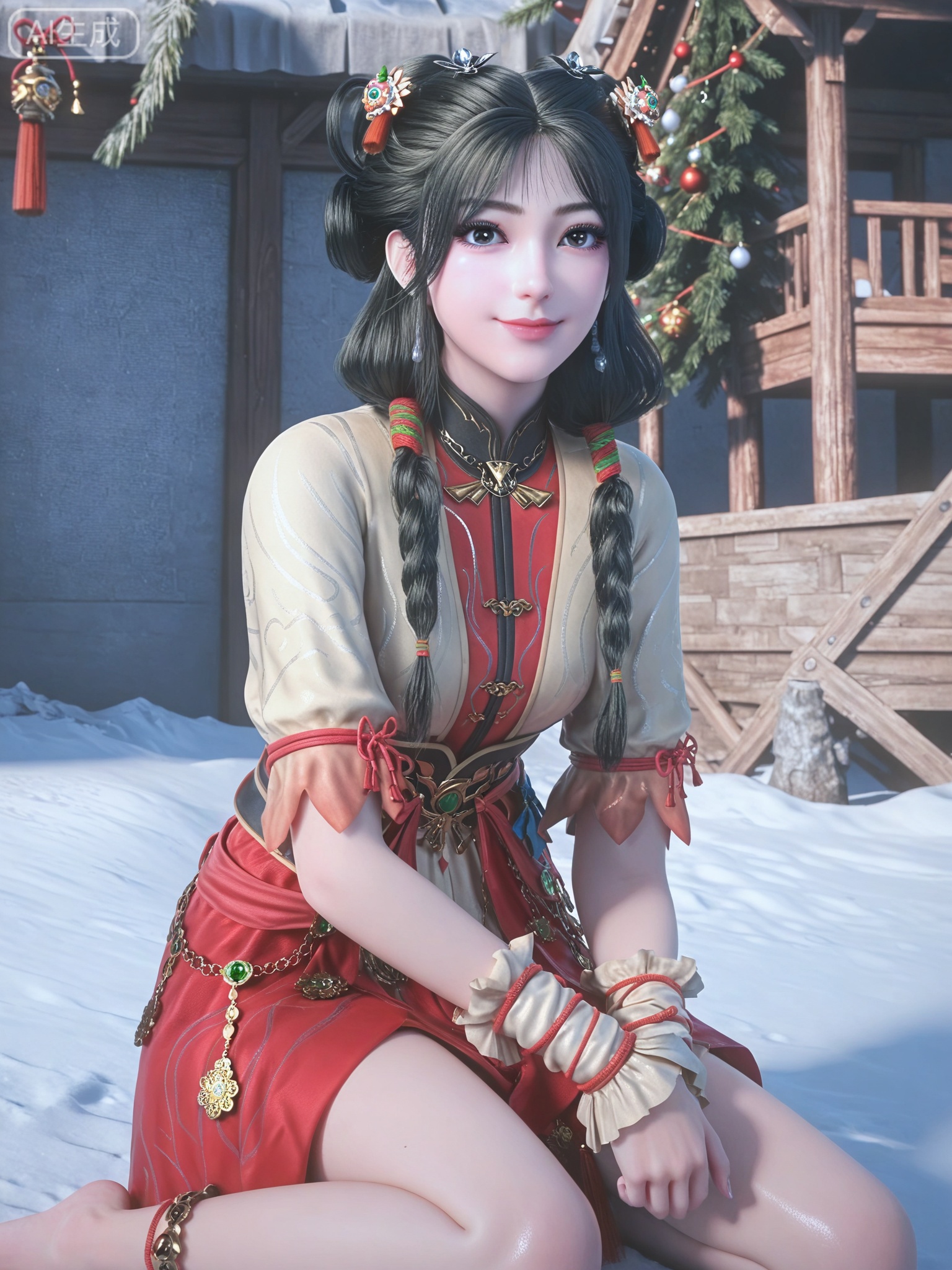 score_9,score_8_up,score_7_up,masterpiece,(best quality),(intricate details:0.9) BREAK (intricate details:0.9),(realistic skin:1.2),masterpiece,best quality,newest,absurdres,hiahres,1girl,jewelry,hair ornament,dress,necklace,lips,eyeshadow,bracelet,tassel,(8k ultra-clear, pony style),photo pose 0.6, micro-expression: soft smile 0.3, half-body + medium shot 0.7,1girl,looking_at_viewer,1boy,hair,realistic,photorealistic,Vivid Colors,bright environment,shiny skin,shiny hairjewelry,detail eyes,Eyes highlights,glowing,sunshine,bright,reflection,bright,sunshine on face,shiny,shinny,petite,thin,leg slimming,lose weight,slim hips,lakeside,delicate water,reflection,(full body:1.3)sitting_down,eyelashes,snow,Winter,Snowy landscape,Snow accumulation,Christmas tree,black-hair,long hair