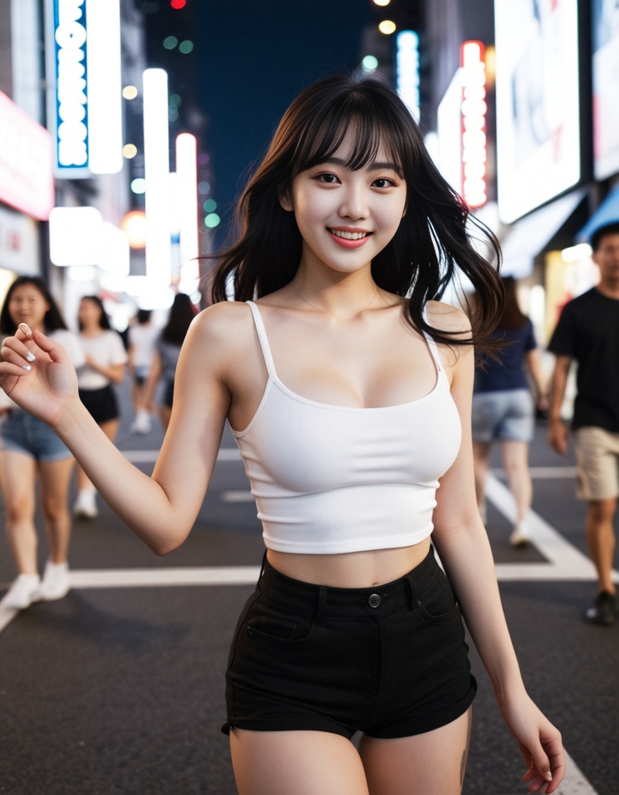 ehleica2,  A beautiful 19-year-old Korean girl with long wavy black hair featuring wispy bangs framing her face,  large br...