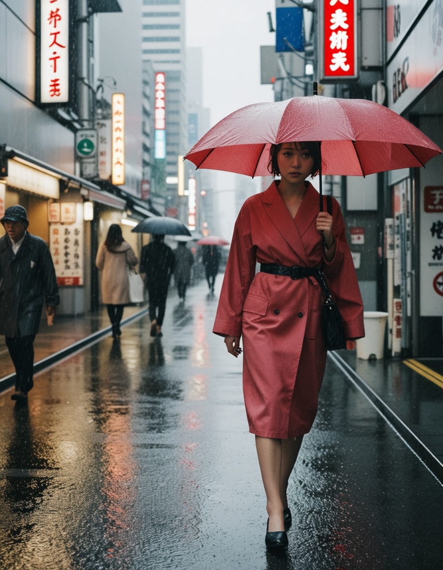 ehleica,  girl walking by the streets of shinjuku under the rain on Tensor.Art