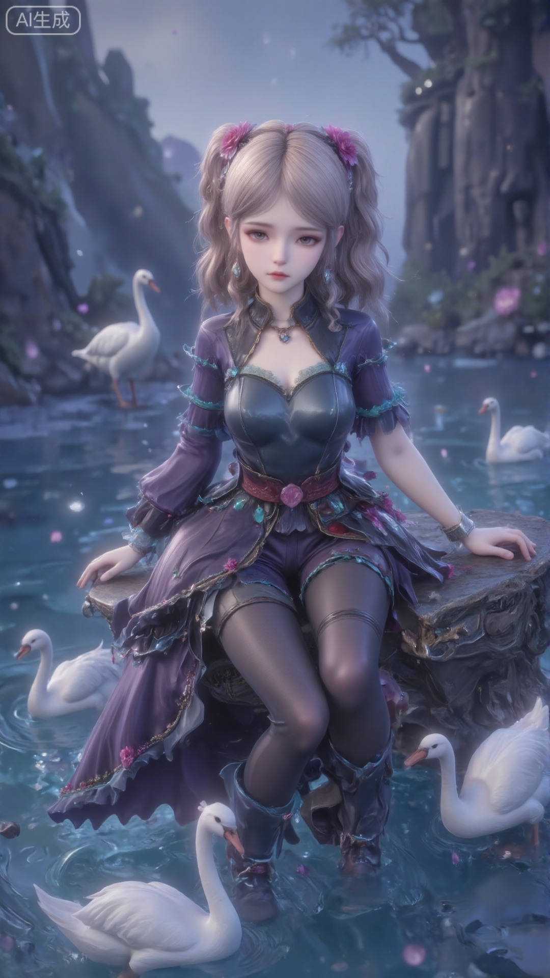 The image depicts a scene with waterfalls in the background and rock cliffs around it. In the foreground, the girl sat on the water, and the water rippled. The man is wearing a purple and black dark gorgeous dress. This man has light hair with pink flowers. Around her, there are several white swans floating on the water. The overall environment looks like a quiet natural environment with a whimsical atmosphere..Upper body effect, upper body close-up,look up into the distance,(Top view: 0.7) Clearly shows the girl's posture and upper body, (Looking up at the audience: 0.4) Eyes are gently locked