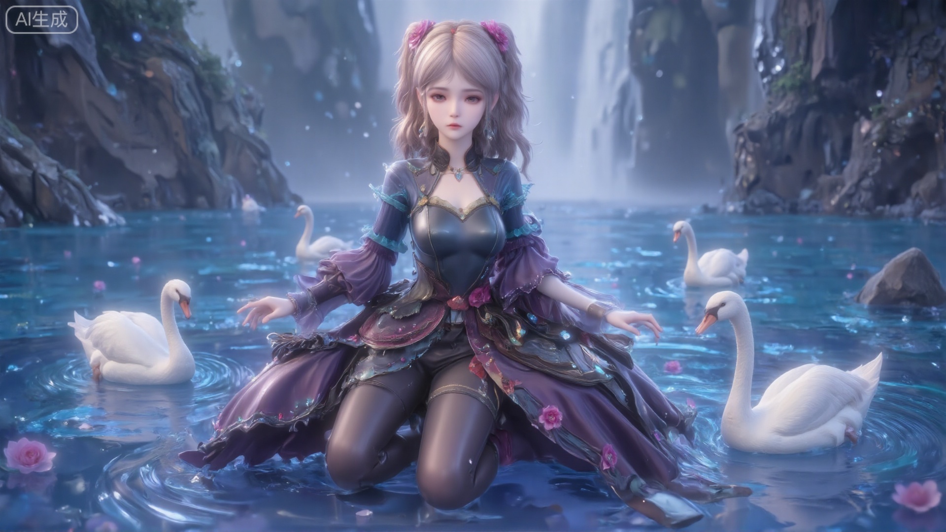 The image depicts a scene with waterfalls in the background and rock cliffs around it. In the foreground, the girl sat on the water, and the water rippled. The man is wearing a purple and black dark gorgeous dress. This man has light hair with pink flowers. Around her, there are several white swans floating on the water. The overall environment looks like a quiet natural environment with a whimsical atmosphere..Upper body effect, upper body close-up,look up into the distance,(Top view: 0.7) Clearly shows the girl's posture and upper body, (Looking up at the audience: 0.4) Eyes are gently locked