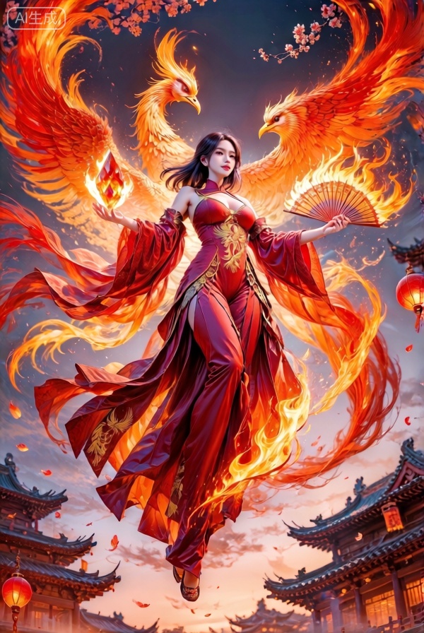 A captivating digital illustration of a young East Asian woman suspended in a twilight sky, enveloped in a magnificent crimson and orange phoenix-inspired ensemble. Appearing to be in her early twenties, she possesses waist-length raven hair that transforms into flowing flames at the ends. Her elaborate costume features a form-fitting scarlet corset with golden phoenix embroidery, layered with asymmetrical silk panels that mimic burning feathers. She cradles a blazing fire crystal in one hand and a traditional Chinese folding fan crafted from flames in the other, her expression confident yet ethereal. The environment showcases swirling crimson energy vortexes against a backdrop of ancient temple rooftops with upturned eaves. Floating red lanterns cast dancing shadows, while cherry blossom petals made of fire drift through the air. A majestic golden phoenix materializes behind her, its wings spreading protectively. The atmosphere pulses with raw elemental power, illuminated by dramatic firelight that creates intense rim lighting on her silhouette. The artistic style merges traditional Chinese ink painting techniques with contemporary digital fantasy art. The composition employs a dramatic upward angle, emphasizing her ascendant pose with arms outstretched, conveying both power and grace against the burning sky.