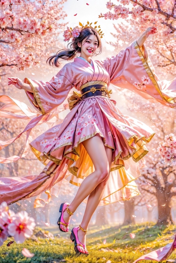 A mesmerizing Asian woman, appearing around twenty years old, dances lightly within a vibrant cherry blossom grove. She wears a playful, pastel-pink kimono-style dress with multiple layers, decorated with hand-painted sakura petals and golden trim. The outfit features asymmetrical hemlines that flutter as she moves, with long, flowing obi-like ribbons trailing behind her. Her expression is joyful and carefree, with bright eyes and a radiant smile. Her silky black hair is partially pinned up with decorative cherry blossom hairpins, while loose strands frame her face. She wears a delicate crown made of real cherry blossoms and tiny gold leaves. Her complexion is flawless with rosy cheeks and glossy pink lips. She dons elegant pink geta-style heels with golden straps. The background bursts with countless cherry trees in full bloom, petals swirling in the gentle breeze like pink snow. Soft, golden hour sunlight filters through the blossoms, creating a warm, romantic glow. The color palette showcases various shades of pink, soft gold, warm amber, and fresh spring greens. The composition captures her mid-dance, with arms outstretched and fabric billowing, creating dynamic movement. The style combines traditional Japanese aesthetics with contemporary fantasy illustration, emphasizing the ephemeral beauty of spring and the magical atmosphere of the blooming grove.