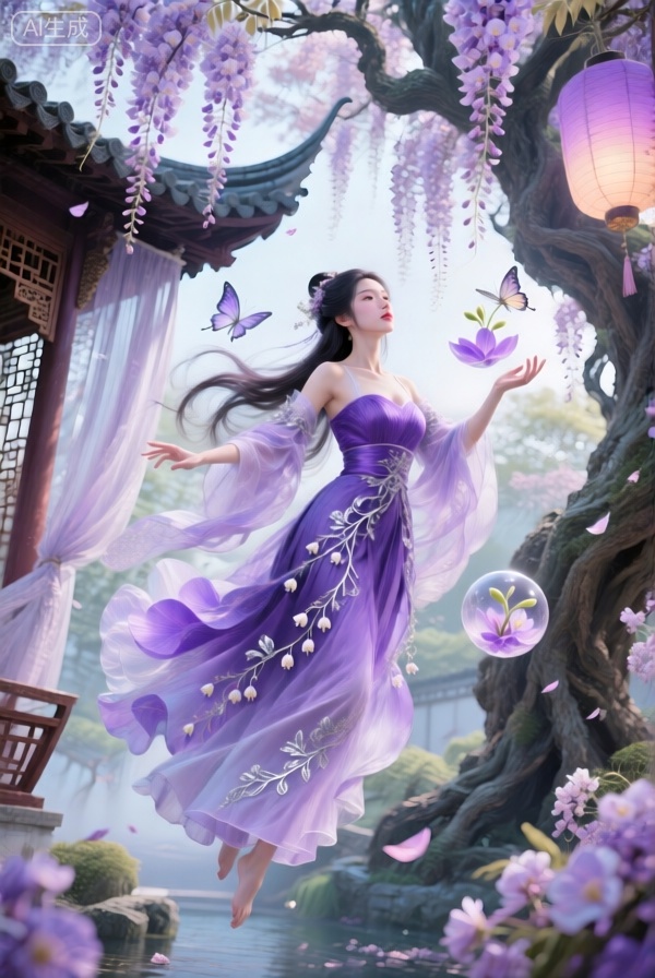 A breathtaking digital composition of a delicate East Asian woman gently floating amidst cascading wisteria blossoms, dressed in an ethereal purple and lavender creation. She appears to be in her early twenties, with extraordinarily long hair that intertwines with flowering wisteria vines. Her fantastical garment resembles layers of silk petals, with a fitted bodice of deepest purple fading to pale lavender hem, embroidered with silver vine motifs and tiny bell flowers. She manipulates two glowing botanical orbs - one containing sprouting seeds and the other blooming wisteria - her expression dreamily serene with eyes reflecting ancient wisdom. The environment features a traditional Chinese garden pavilion partially visible through curtains of hanging wisteria, with ornate wooden lattice work and curved rooflines. Floating purple paper lanterns cast soft, colored light, while butterflies with translucent wings dance around her. A massive ancient wisteria tree serves as the backdrop, its twisted trunk suggesting centuries of growth. The atmosphere is intoxicatingly romantic, filled with the imagined scent of flowers and gentle spring breeze. Lighting is soft and diffused, filtering through the flower curtains to create a dreamy, dappled effect. The artistic approach combines traditional Chinese flower-and-bird painting techniques with contemporary digital fantasy art nouveau influences. The composition uses a gentle upward perspective, showing her suspended among the floral cascade, with arms gracefully positioned as if conducting nature's symphony, creating an atmosphere of ethereal beauty and natural harmony.