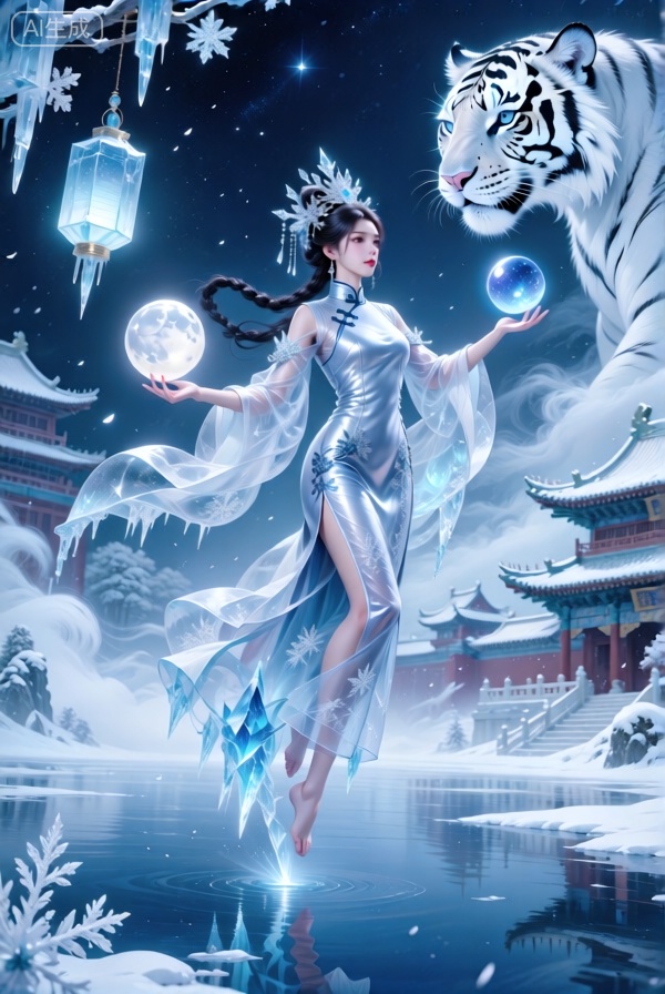 An enchanting digital artwork depicting a youthful East Asian woman gracefully levitating above a frozen lake, clothed in an otherworldly ice-blue and silver ensemble. Estimated to be twenty years old, her lustrous black hair is styled in an elaborate braided crown adorned with crystalline snowflakes. Her mystical attire consists of a translucent, multi-layered qipao-inspired dress with frost patterns, featuring a high collar and trailing sleeves that dissolve into icicles. She balances two luminous moon orbs - one pale silver and one deep sapphire - between her palms, her expression tranquil yet commanding. The setting reveals intricate Northern Chinese palace architecture partially obscured by swirling snowstorms, with traditional pagoda rooftops heavy with snow. Suspended ice lanterns emit a cool, ethereal glow, while frost flowers bloom spontaneously in the air around her. A magnificent white tiger spirit materializes in the background, its eyes glowing like twin moons. The scene radiates serene winter magic, bathed in moonlight that creates sharp, dramatic shadows and highlights. The style fuses classical Chinese watercolor aesthetics with modern digital fantasy illustration. The camera angle is positioned low and tilted upward, capturing her floating form against the star-filled winter night sky, emphasizing her otherworldly presence and the majestic scale of the frozen landscape.