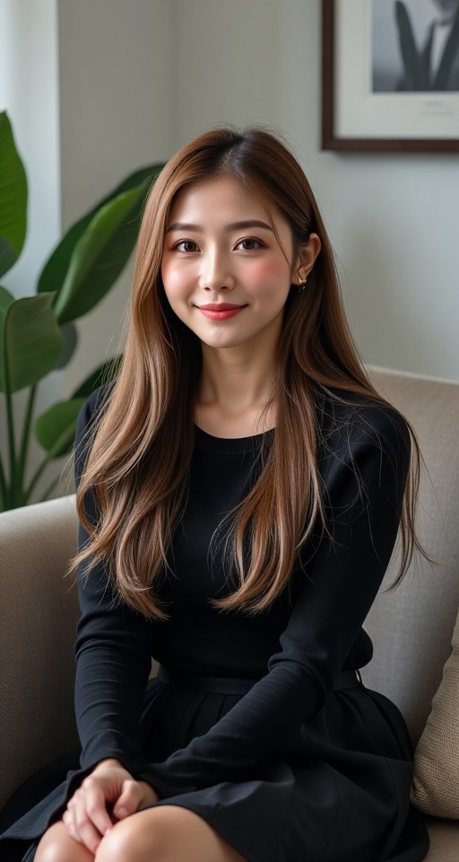 Generate a real-world photograph realistic photography 1girl solo long hair looking at viewer smile skirt brown hair shirt...