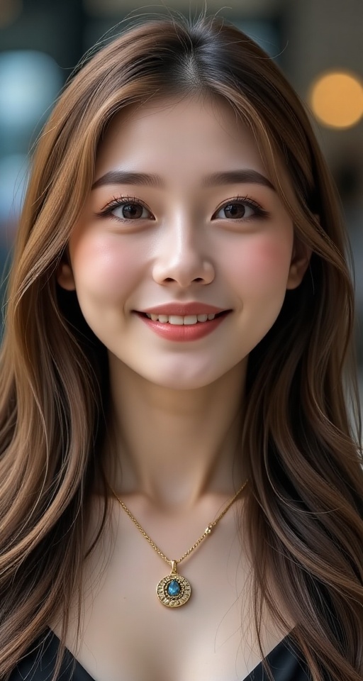Generate a real-world photograph realistic photography 1girl solo long hair looking at viewer smile open mouth brown hair...