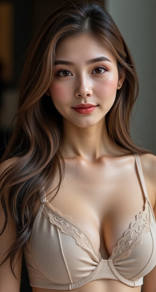 Generate a real-world photograph realistic photography 1girl solo long hair looking at viewer shy smile brown hair brown e...