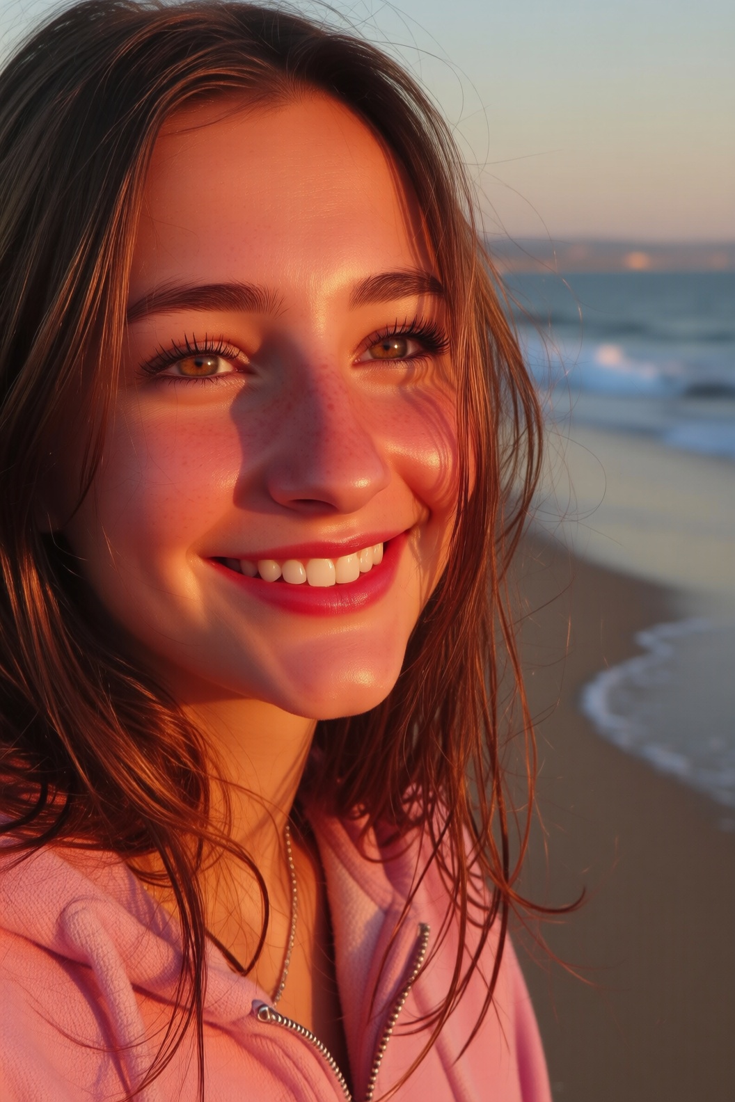 Close-up head portrait of a woman with flowing brown hair,  brown eyes sparkling with joy,  and bright red lips curved int...