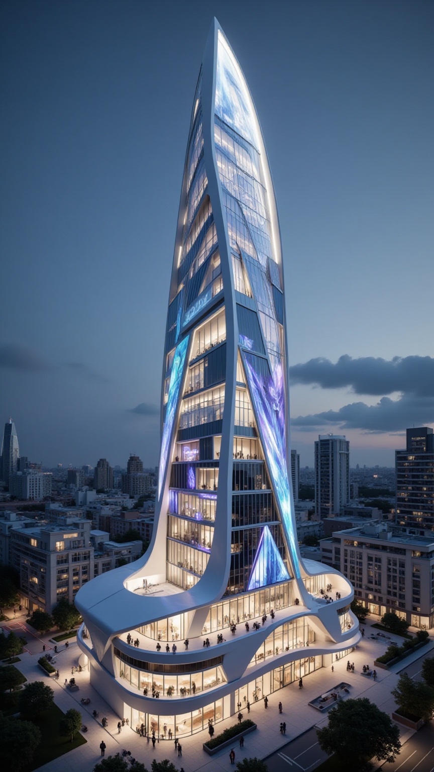 A hyper-dense futuristic megacity dominated by a breathtaking 900-meter aerodynamic skyscraper,  its entire curved facade...