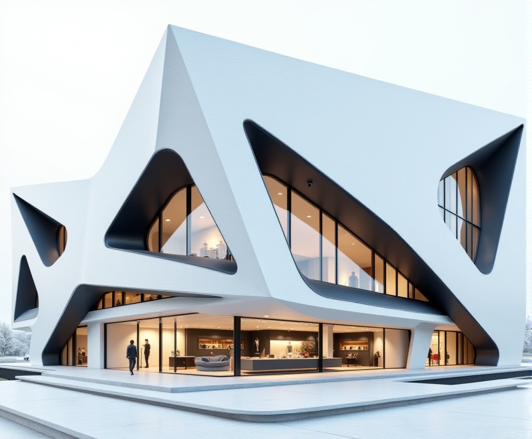 A close-up 3D design of a minimalist shop house featuring sharp angular geometry. The structure is composed of triangular...