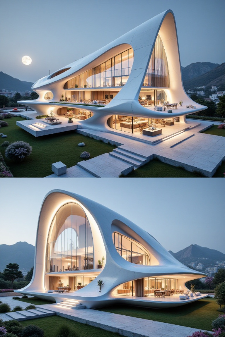 There are two section views Left and Right,  One is Beautiful modern spaceship with section design,  like church on Tensor...