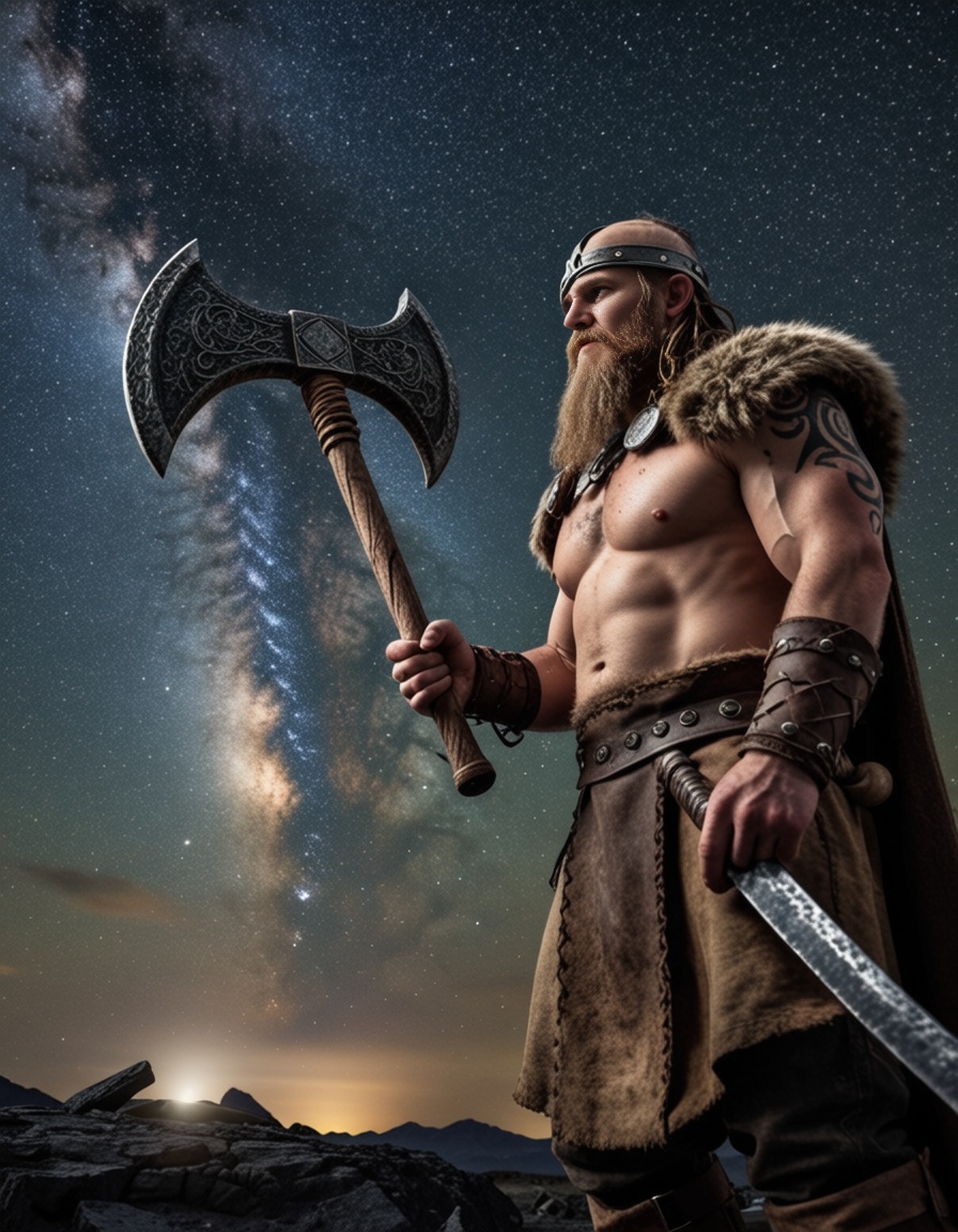 ehvision3,  a viking warrior chieftan holding a giant battle axe at nigh,  starry sky on Tensor.Art