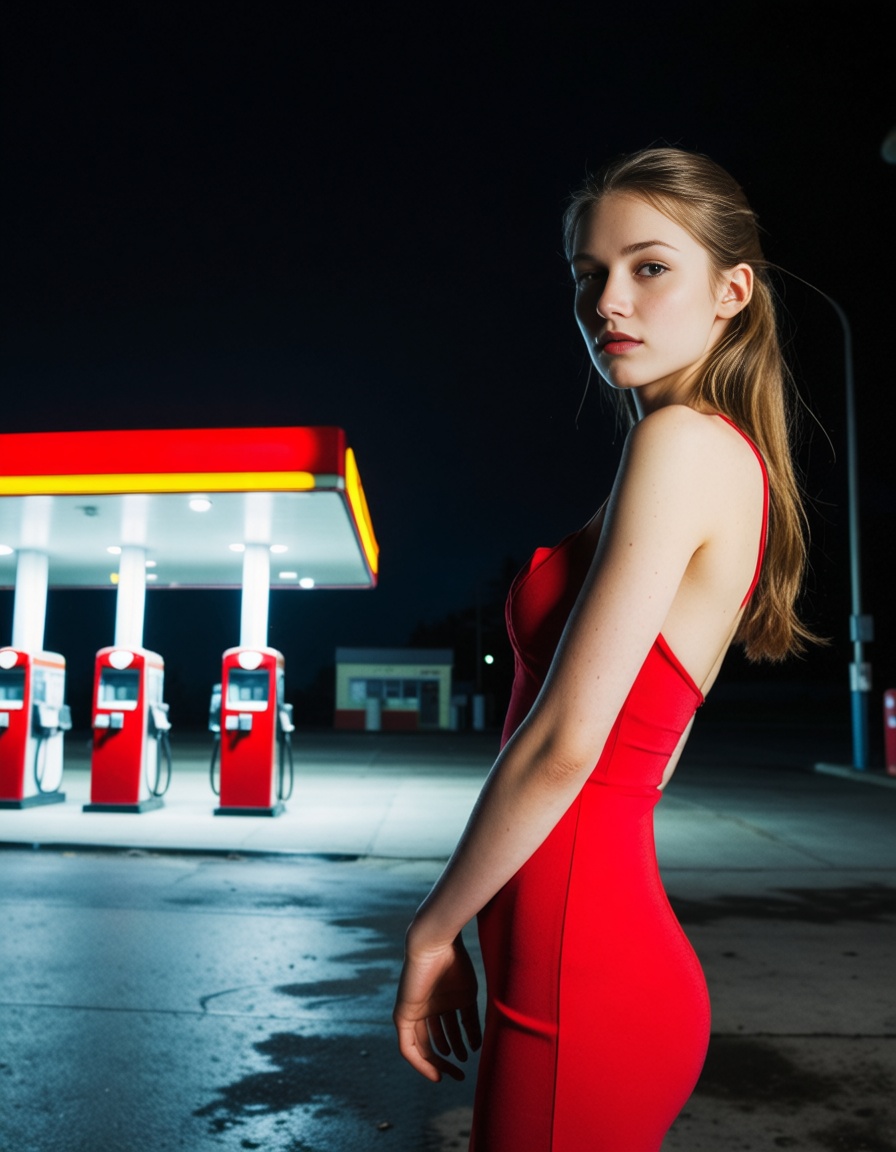 ehvision3,  girl in red dress in a gas station at night on Tensor.Art