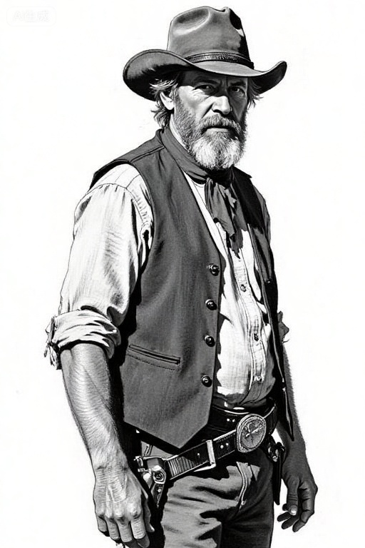 A black and white pencil drawing of a rugged middle-aged man with a beard, wearing a wide-brimmed hat, vest and shirt, his expression, with a gun holster at his waist, against a pure white background, highlighting the details of his clothing and facial features, shadows and textures.