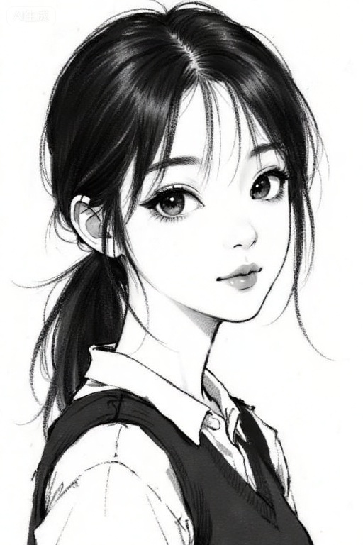 A black and white sketch of a young Asian woman with delicate features, fair skin, and dark hair tied casually into a ponytail. She has a pair large and expressive eyes with a serene expression. She is wearing a simple dark vest with a light-colored shirt over it. The background is pure white, accentuating her deep