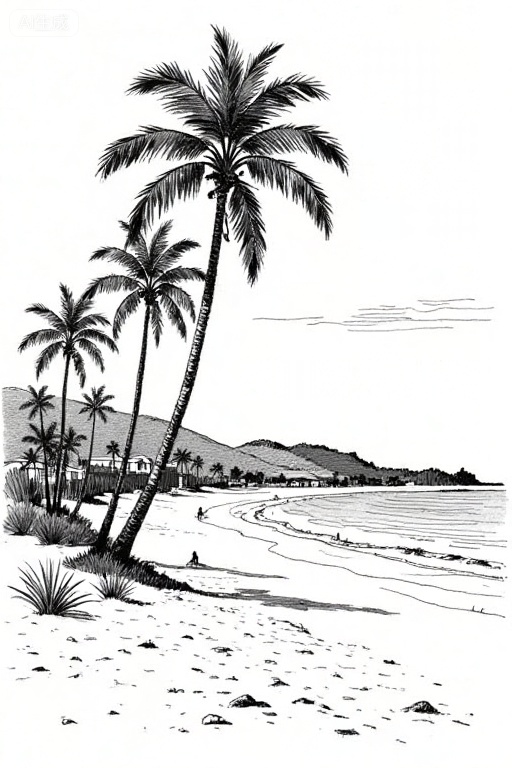 A black and white sketch depicting a peaceful beach scene, with tall slender palm trees leaning towards the sea. The sandy shore gently curves, with a few people located at the water's edge. In the background, a distant hillside and small buildings are clearly visible. The sky has some faint clouds, and the overall style evokes vintage illustrations.,