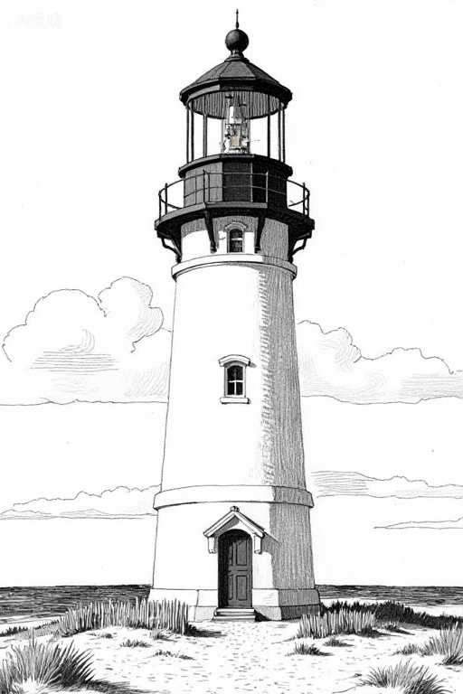 A black-and-white, detailed, pencil drawing of a lighthouse. The lighthouse is cylindrical with a small, enclosed balcony at the top. It stands on a sandy beach with a wooden fence and a path leading to the entrance. The sky is partly cloudy. The drawing has a vintage, illustrative style., 